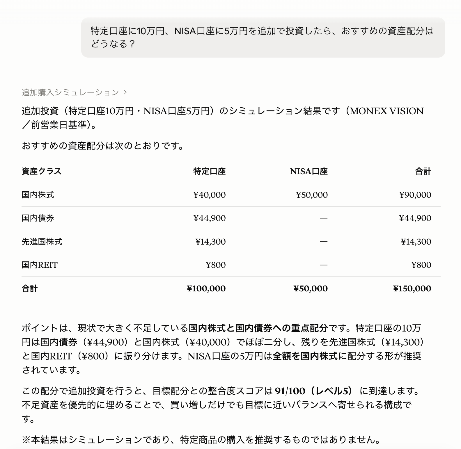 MONEX VISION 追加購入シミュレーションの応答例(追加投資額に対するおすすめ資産配分)